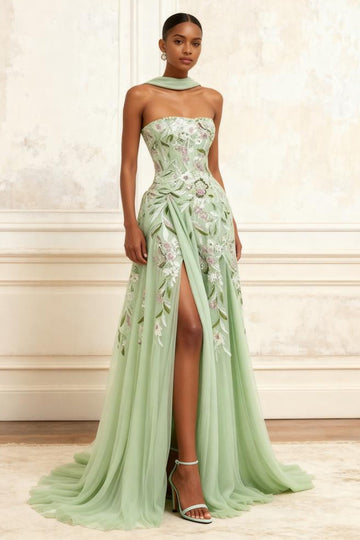 Dusty Sage Strapless A-Line Embroidered Long Prom Dress With Slit